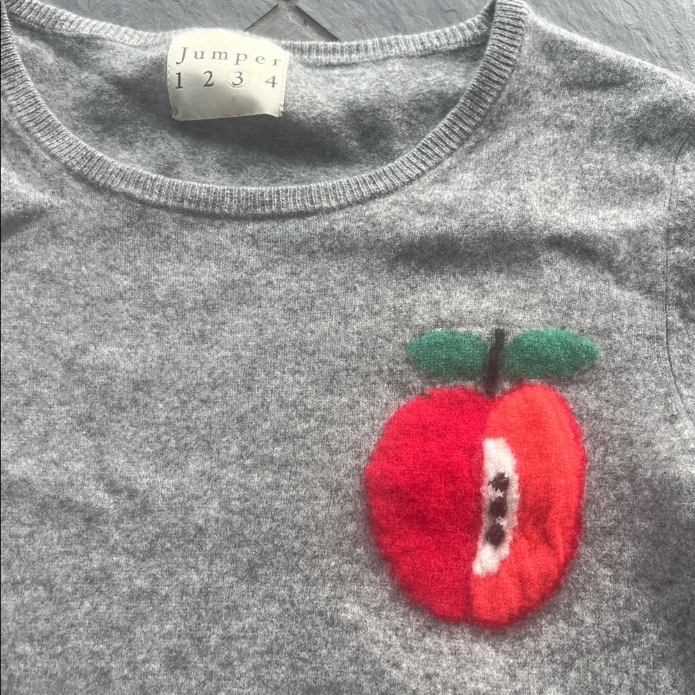 Jumper1234 Gray CashmereSweater with Red Apple Design size 3 or Medium - Picture 3 of 5